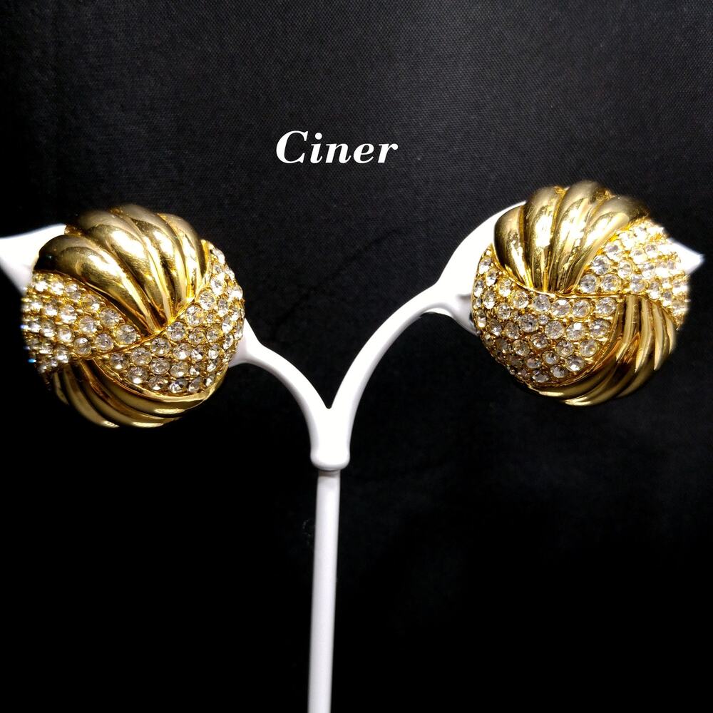 Vintage CINER Gold Pave Rhinestone Swirl Clip Earrings 1"